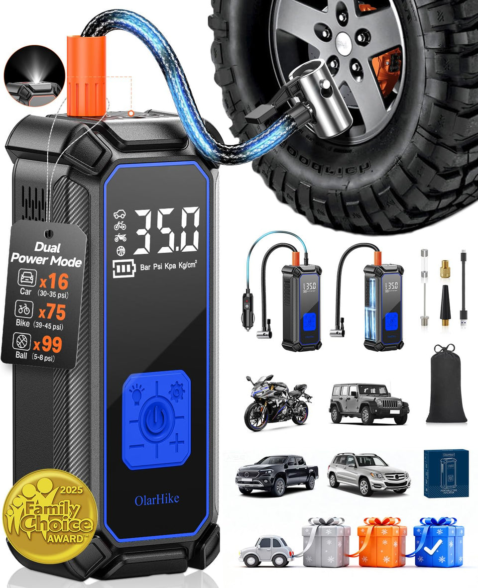 OlarHike cordless tire inflator front angle with digital gauge for fast inflation