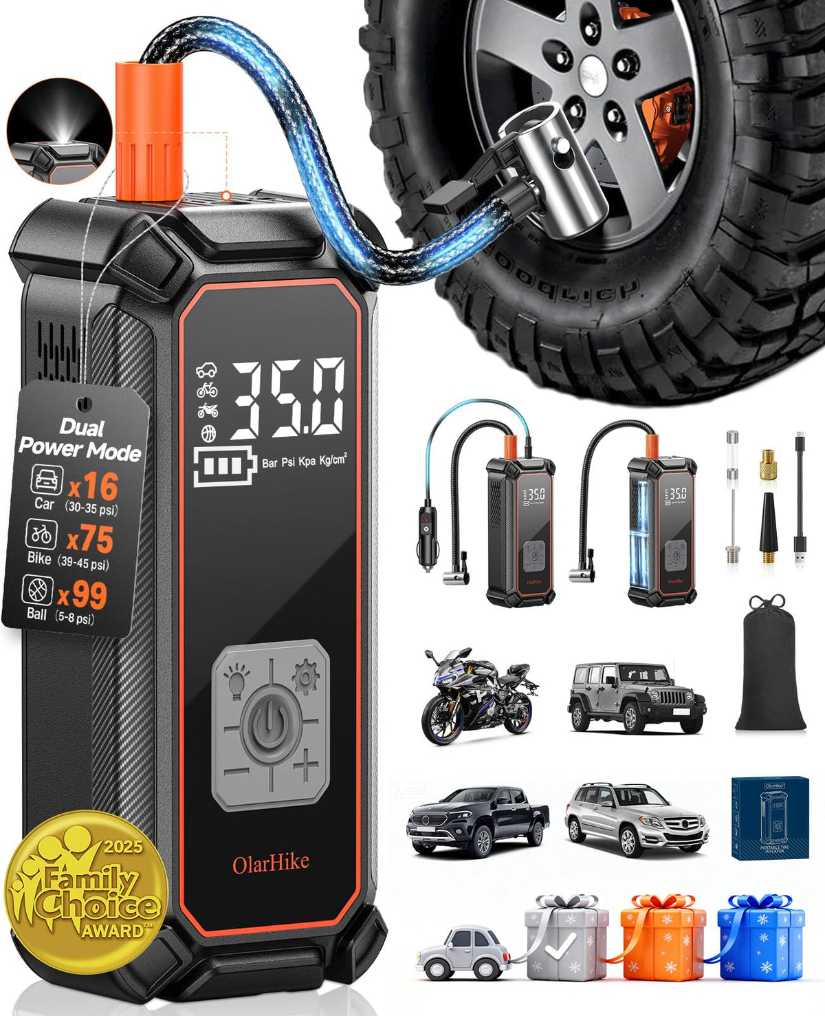 OlarHike cordless tire inflator with LED light for night-time inflation.