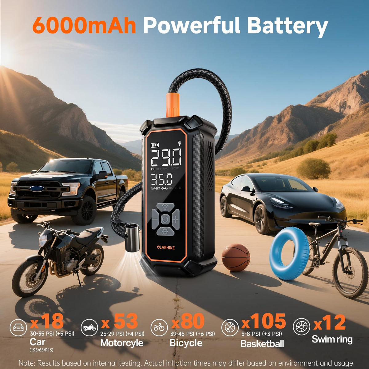 OlarHike 6000mAh battery supports multiple tire top-offs.