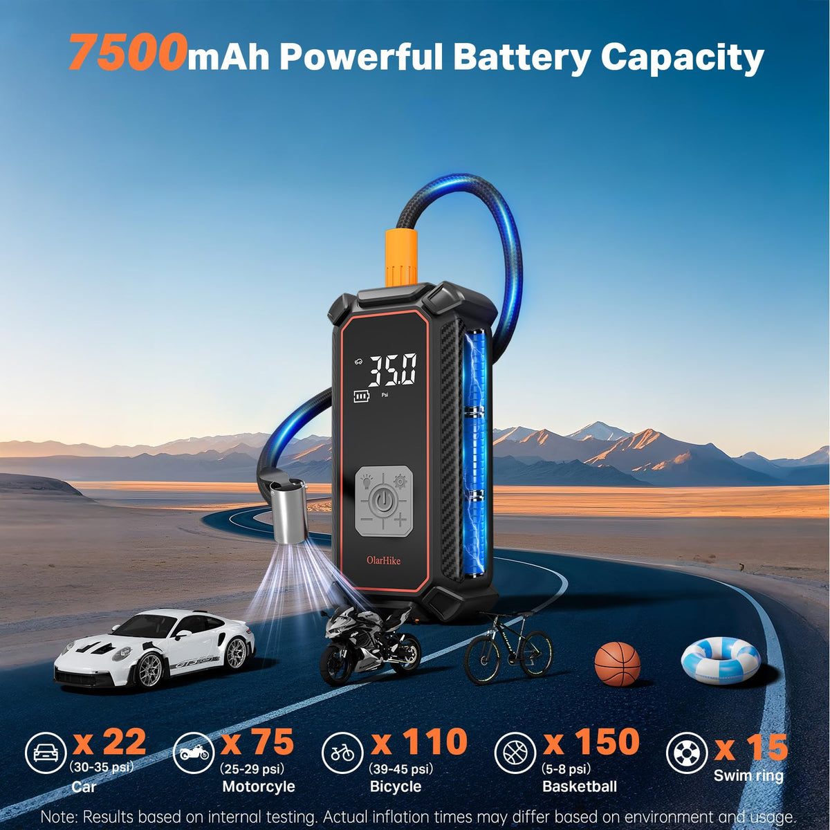 OlarHike tire inflator 7500mAh battery supports multiple inflations