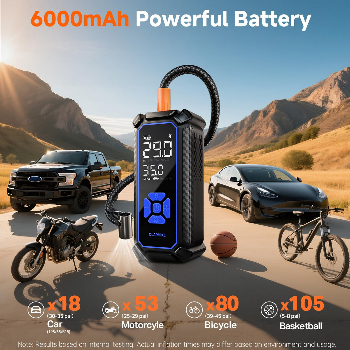 OlarHike 6000mAh battery powers cordless inflation on the go.
