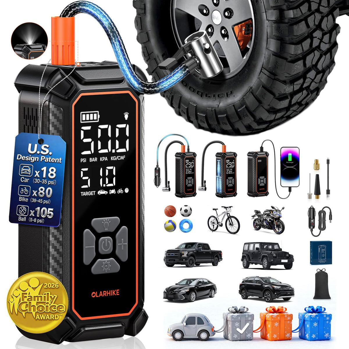 OlarHike tire inflator compact design for easy trunk storage and quick inflation.