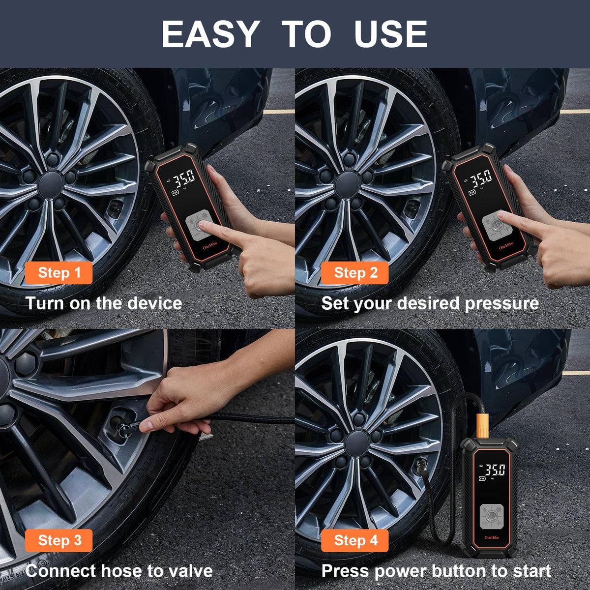 OlarHike tire inflator includes accessories for cars, bikes, and balls