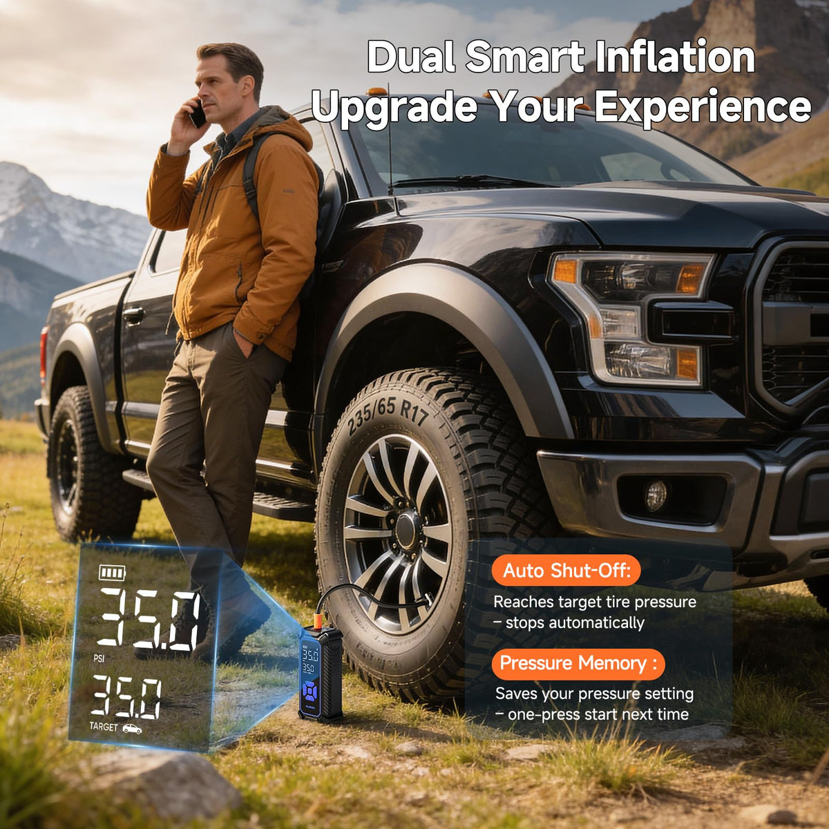 OlarHike 12V DC cord enables continuous inflation from your vehicle.