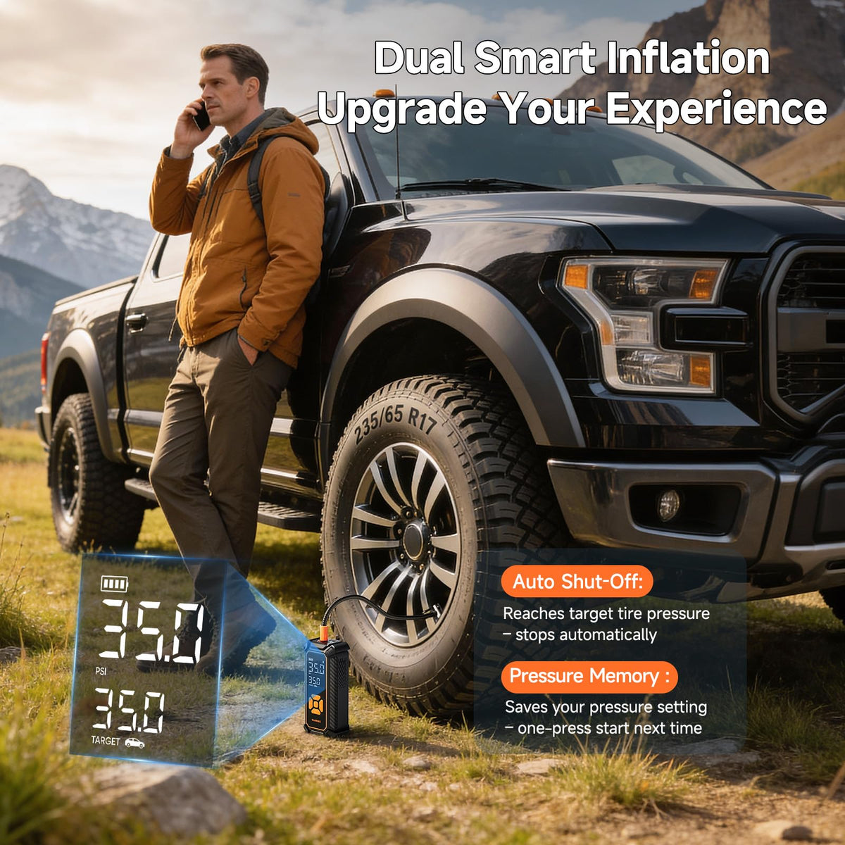 OlarHike long air hose reaches around tires for easy access