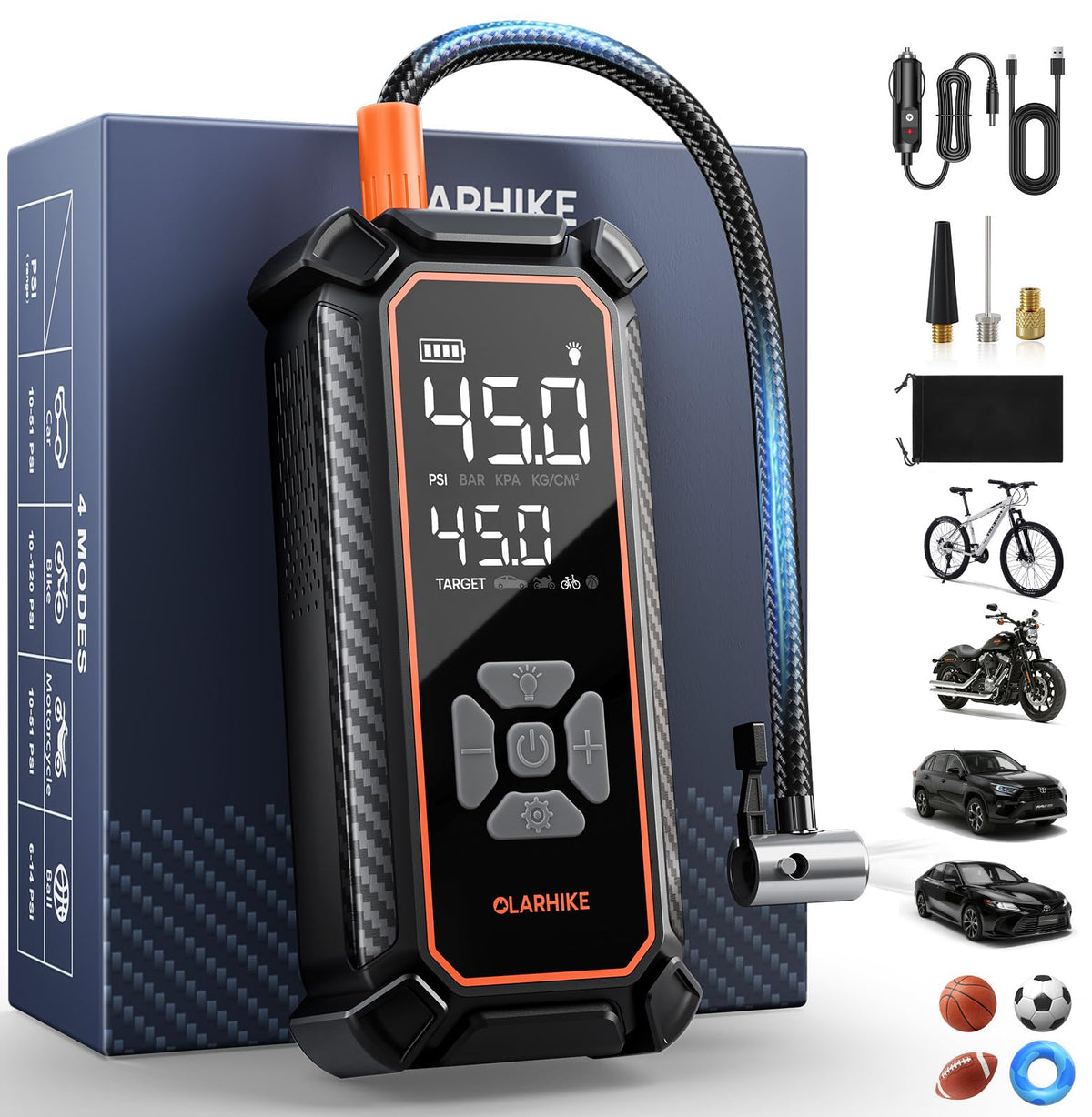 OlarHike cordless tire inflator front view showing compact size for quick roadside inflation.