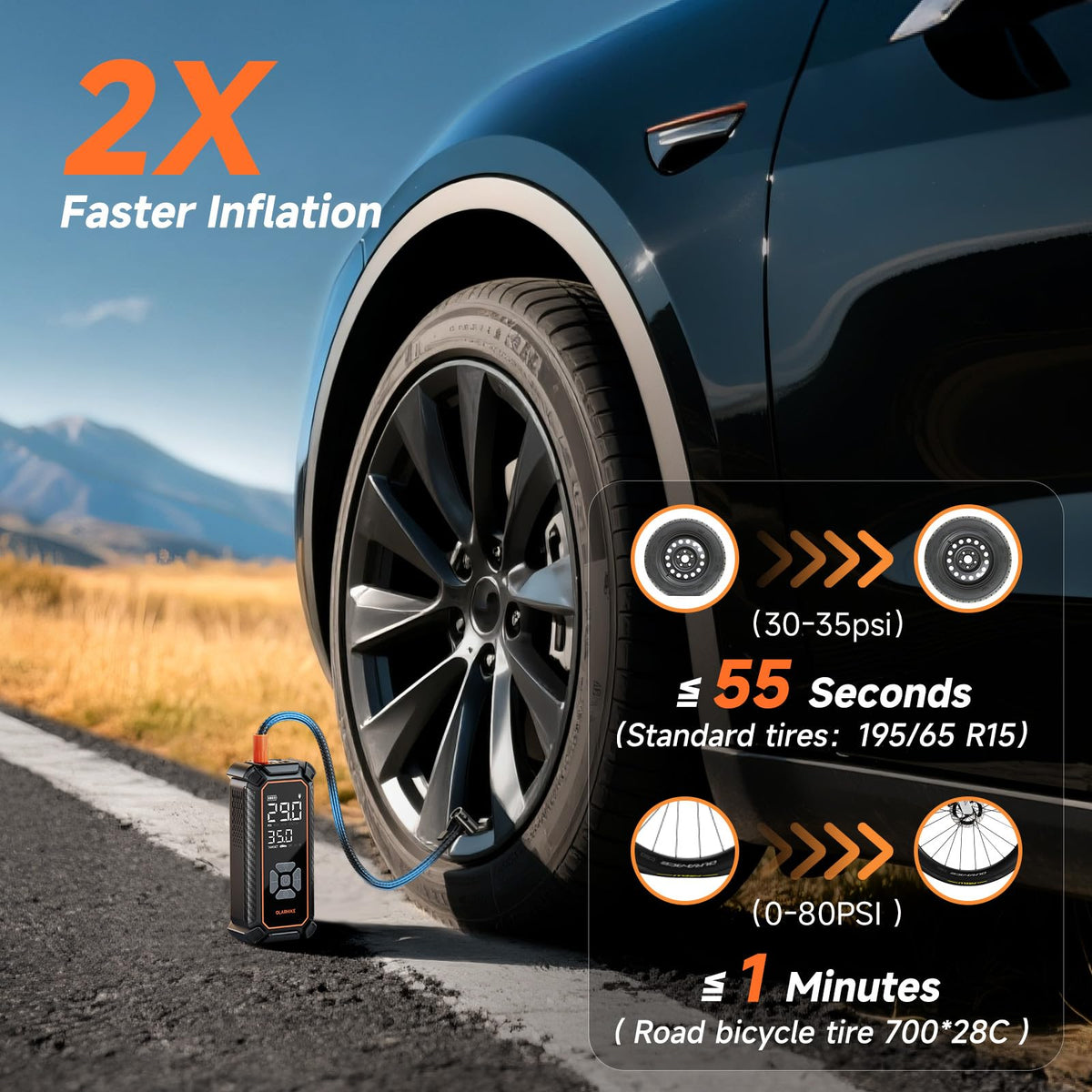 OlarHike tire inflator with LED light, ideal for nighttime inflation tasks.