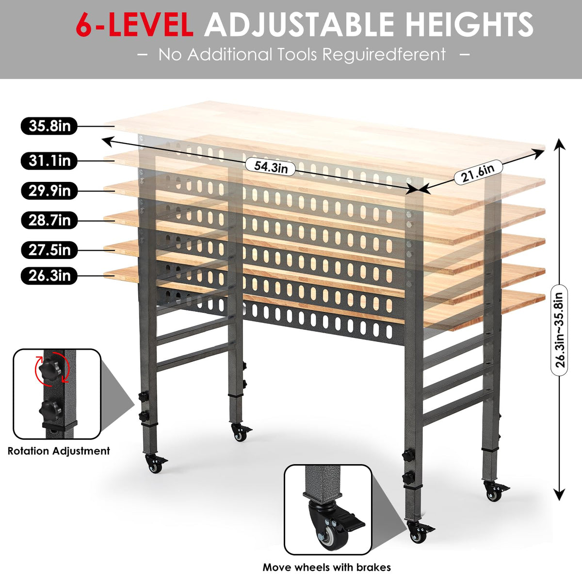 OLBRUS six-height adjustment supports standing or seated workflows