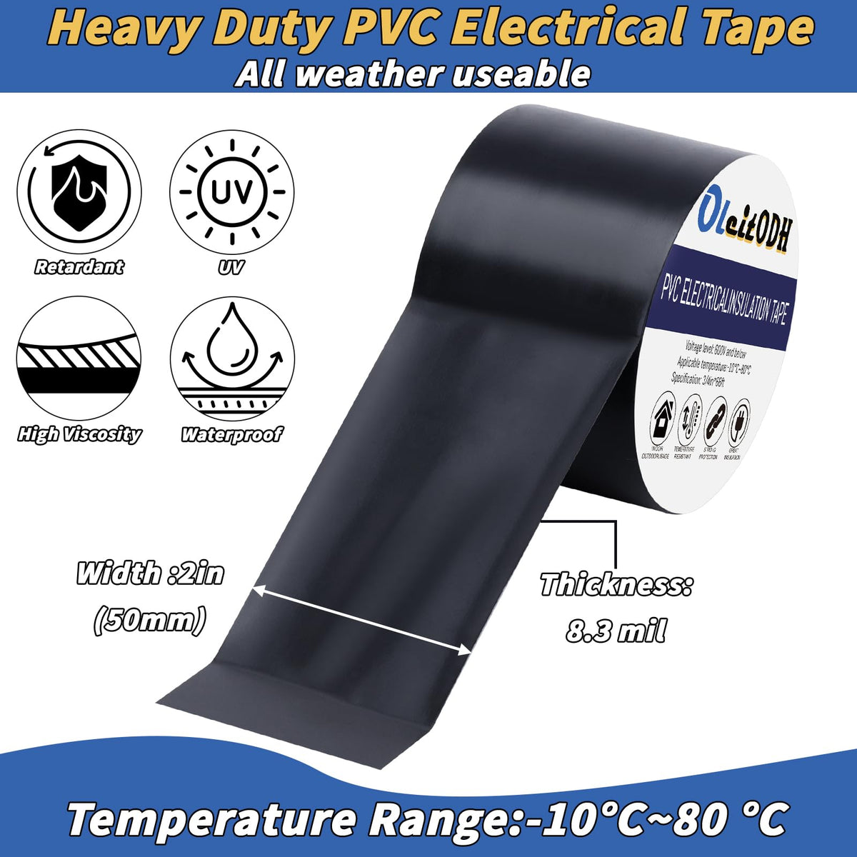Oleitodh weatherproof electrical tape offers strong adhesion for outdoor electrical projects.