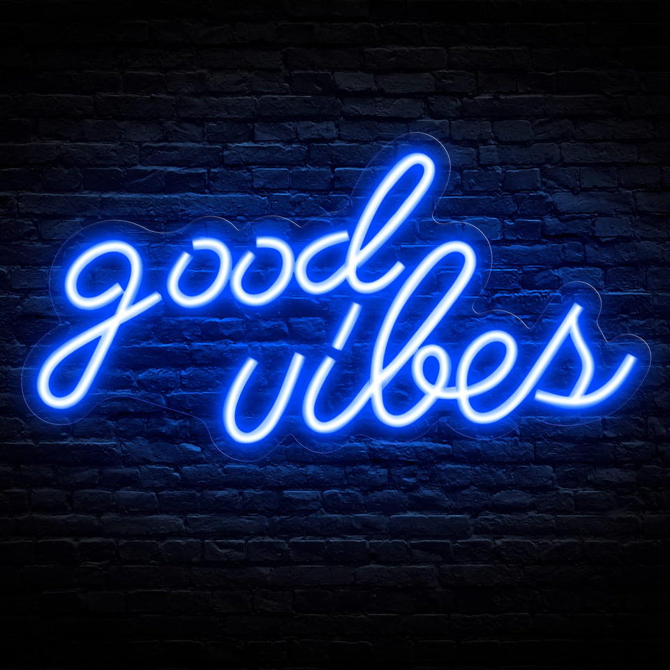 Olekki Good Vibes neon sign on wall decor with blue glow for vibrant ambience