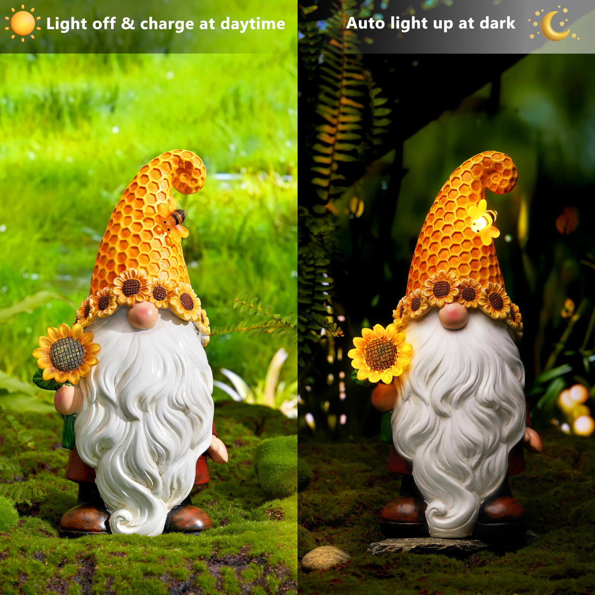 Olekki hand-painted gnome with sunflowers brightens patios with whimsy.