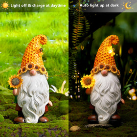 Olekki hand-painted gnome with sunflowers brightens patios with whimsy.