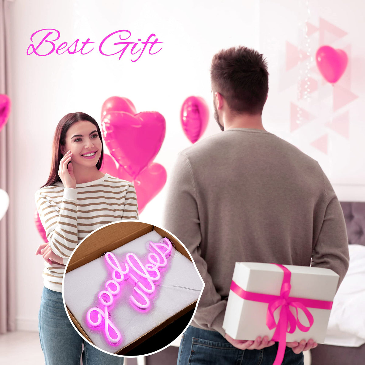 Olekki Pink Good Vibes neon sign creates mood lighting for bedrooms.