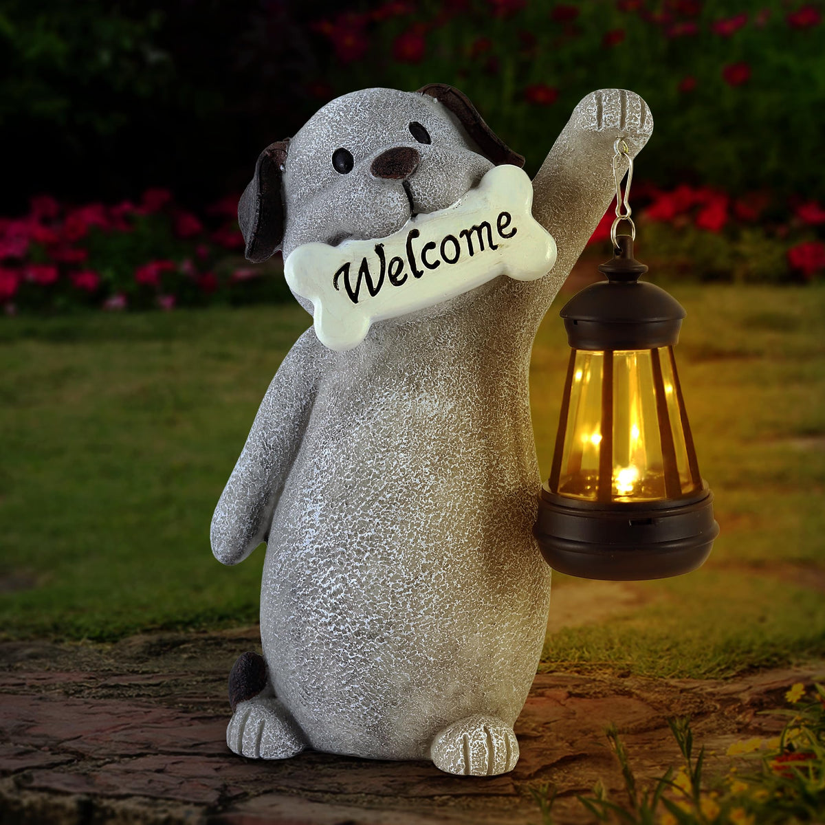 Olekki solar dog garden statue with lantern light illuminating your yard at night