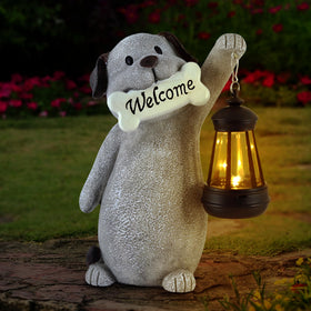 Olekki solar dog garden statue with lantern light illuminating your yard at night
