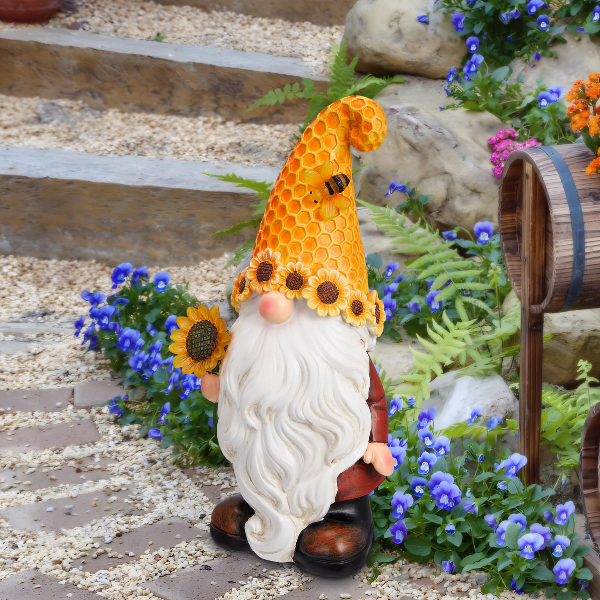 Olekki solar-led gnome yard light adds warm illumination for evenings.