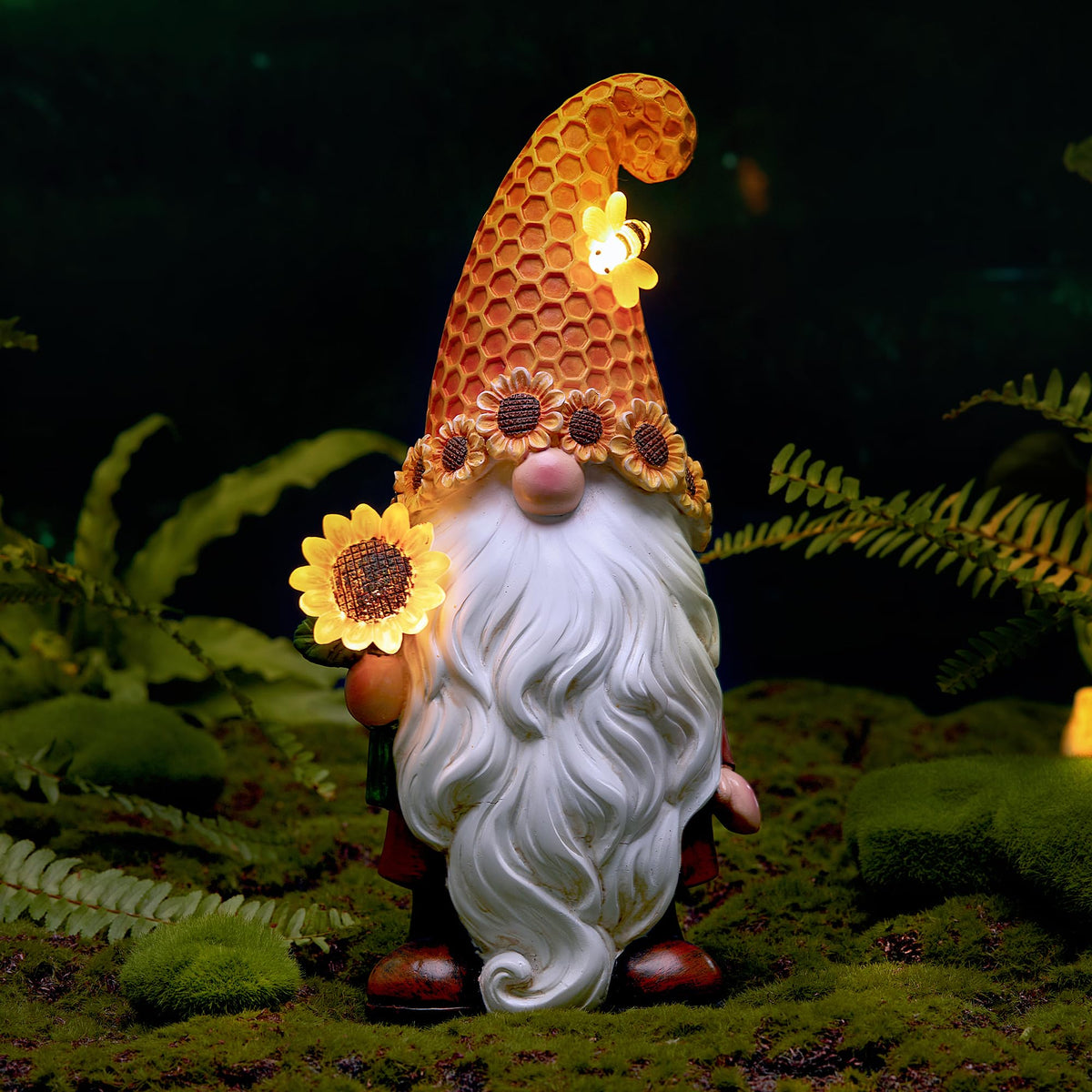 Olekki sunflower gnome outdoor front view enhances garden charm day and night.