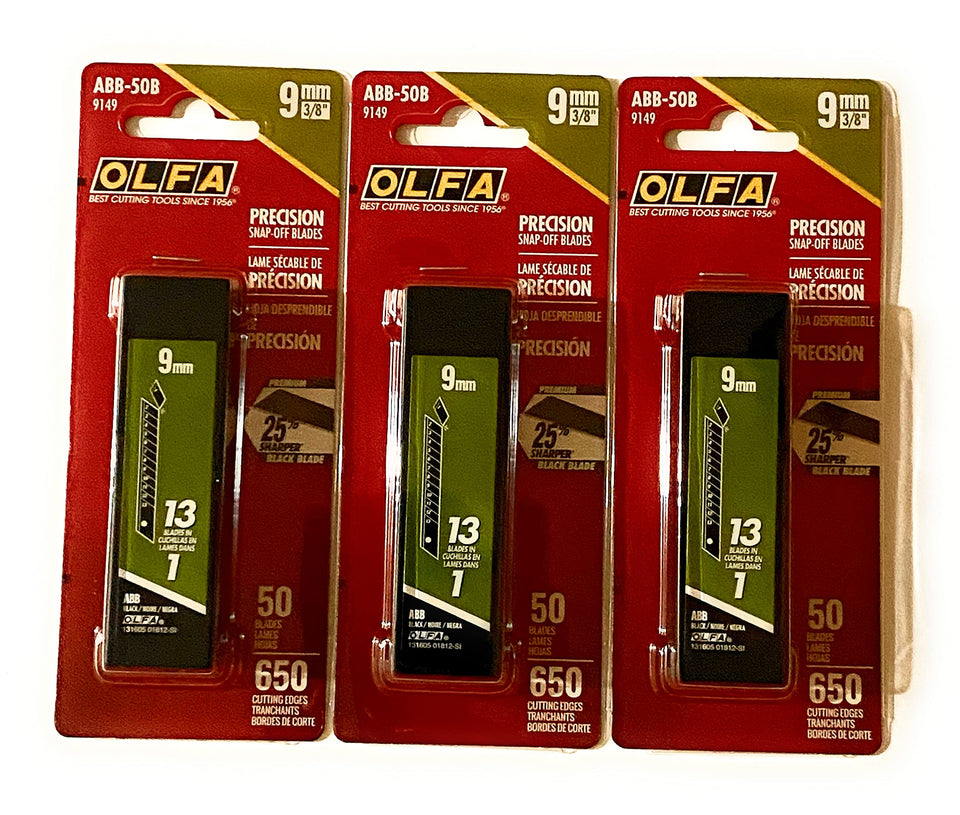 OLFA 9149 ABB-50B 9mm UltraSharp blades in a triple-pack display for precise, clean cuts.