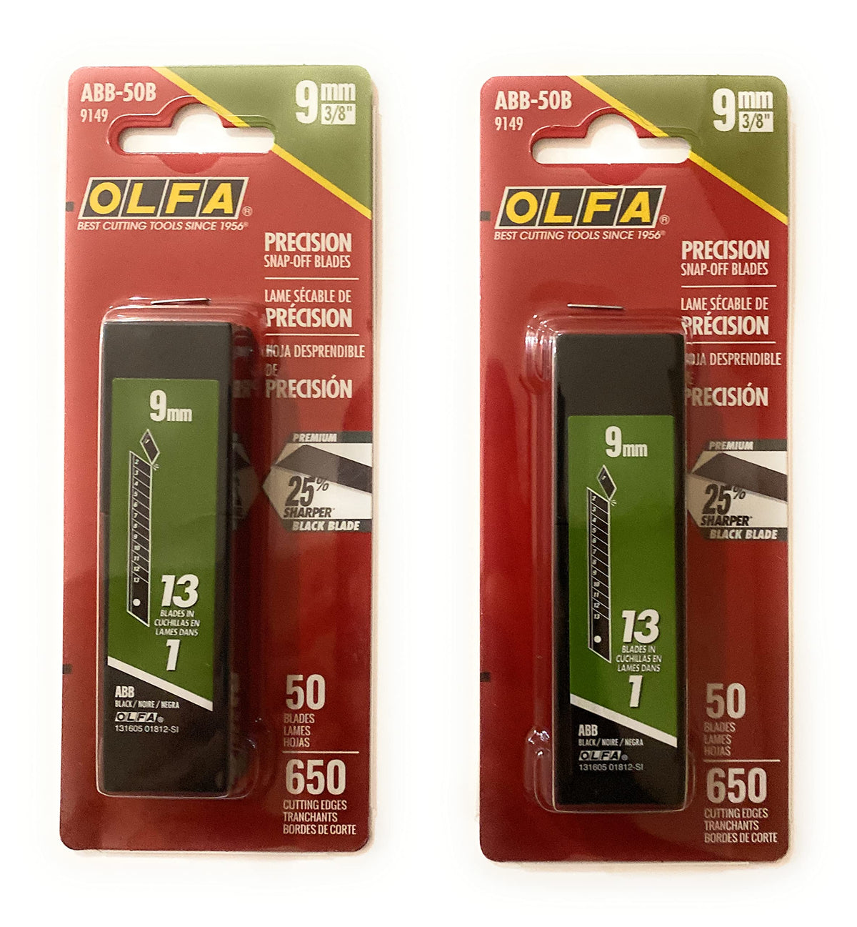 OLFA 9149 ABB-50B blade pack showing 50 sharp 9mm blades for precise cuts
