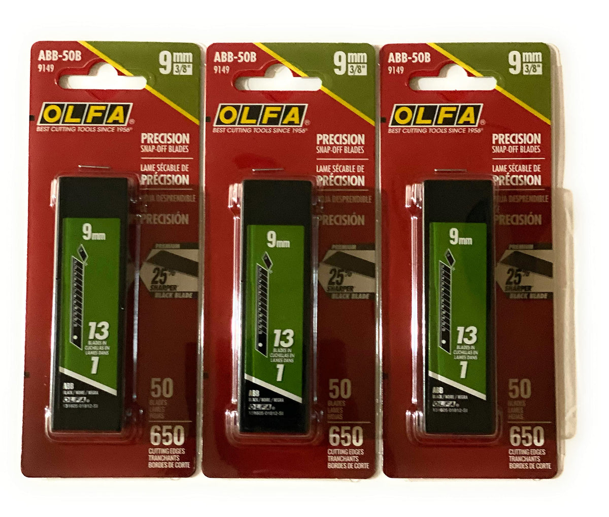 OLFA 9mm UltraSharp snap-off blades, 50-pack per pack, ideal for quick, clean utility cuts.