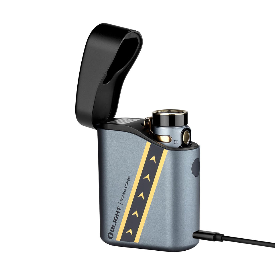 OLIGHT Baton4 Premium Edition flashlight with magnet and clip for hands-free mounting on metal surfaces.
