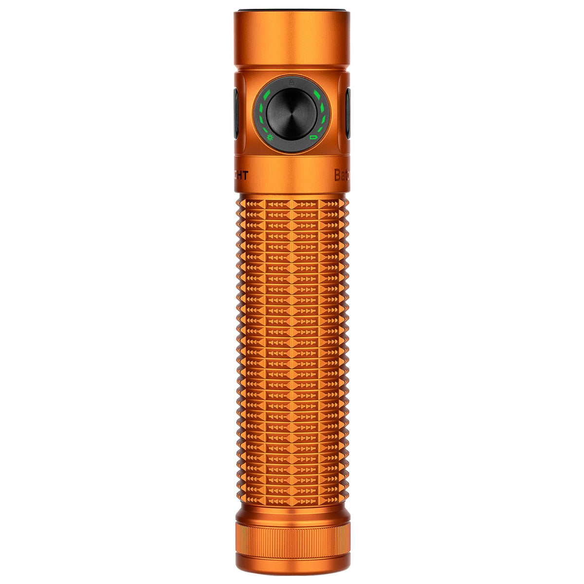 OLIGHT Baton4 Pro orange front view showing compact size and bright output