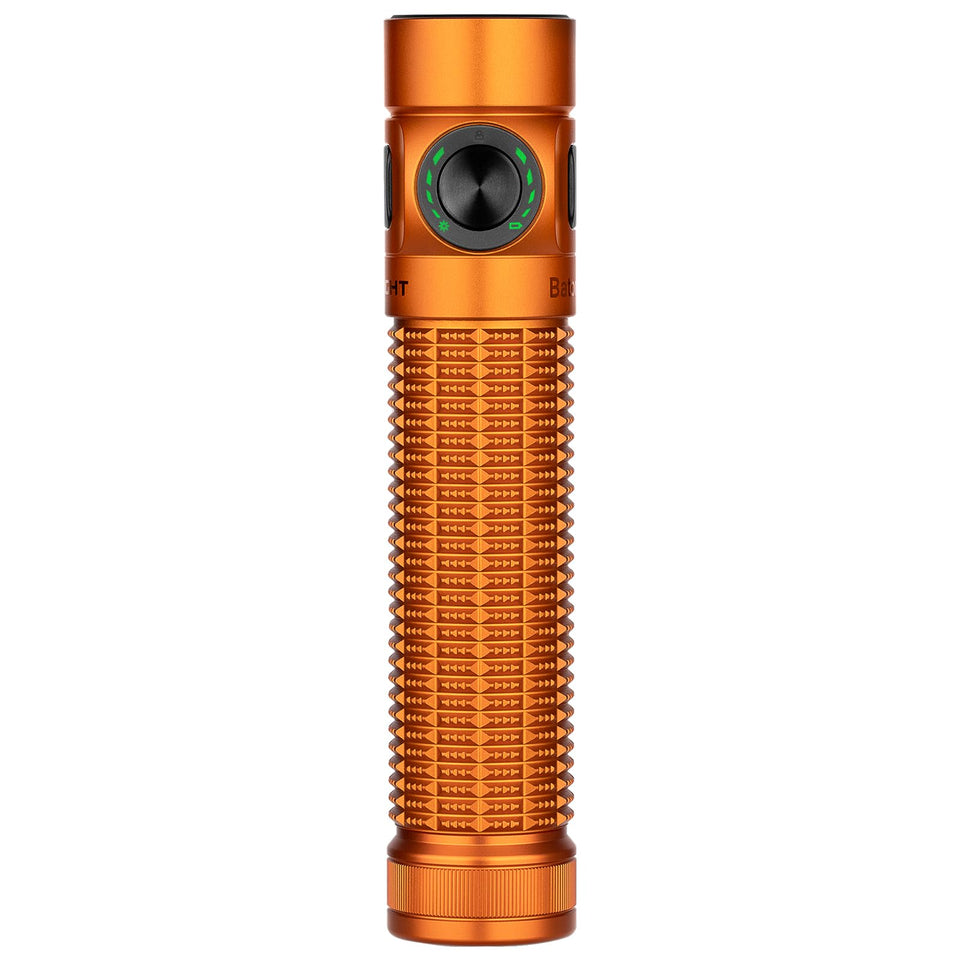 OLIGHT Baton4 Pro orange front view showing compact size and bright output