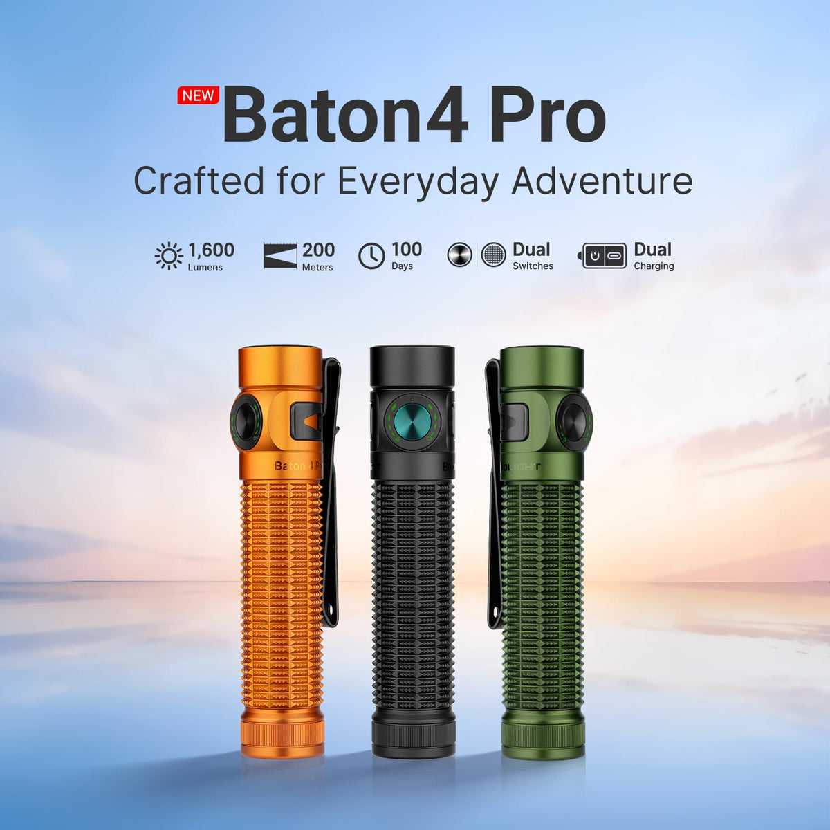 OLIGHT Baton4 Pro orange side switch with indicators for mode and battery