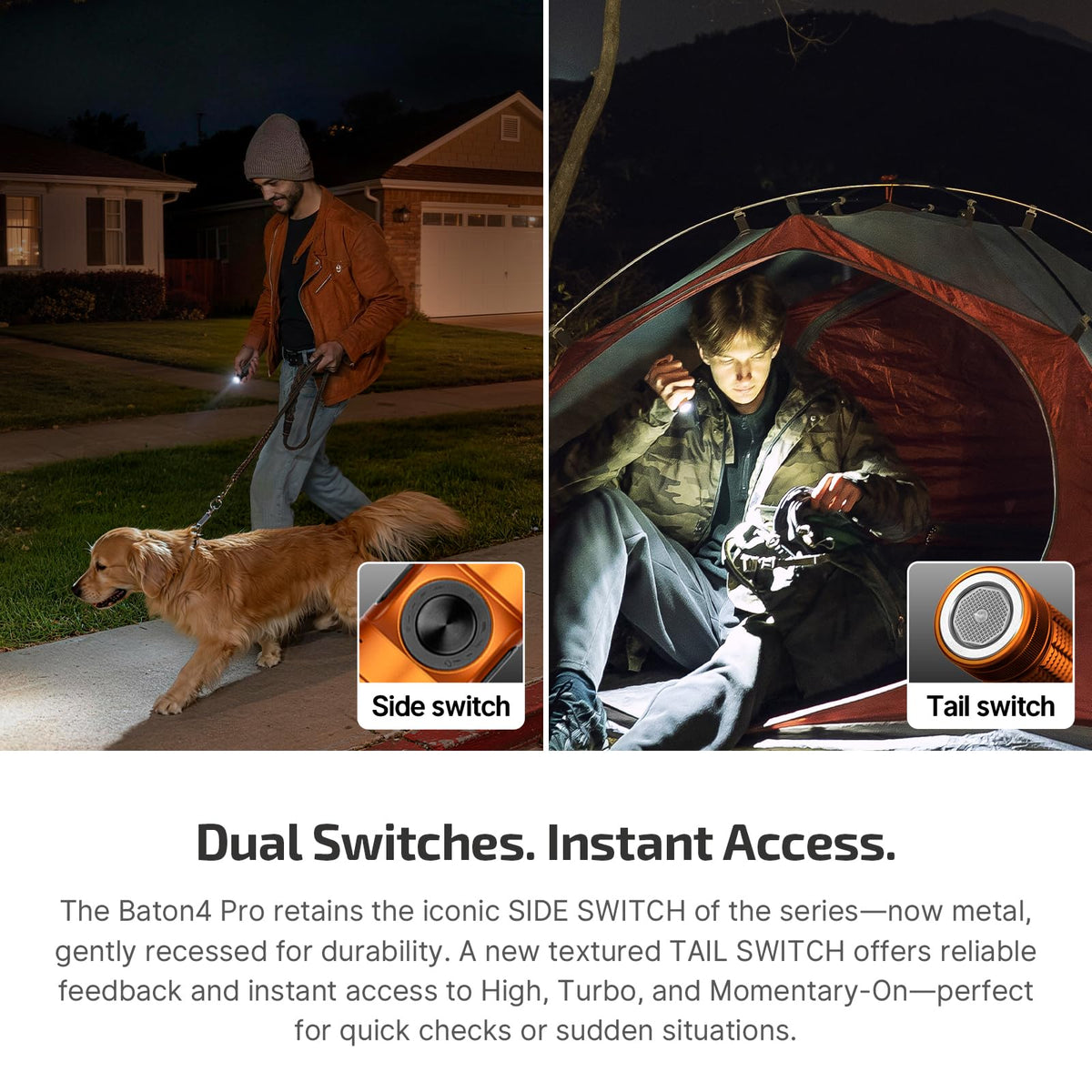 OLIGHT Baton4 Pro orange USB-C port behind tailcap for versatile charging