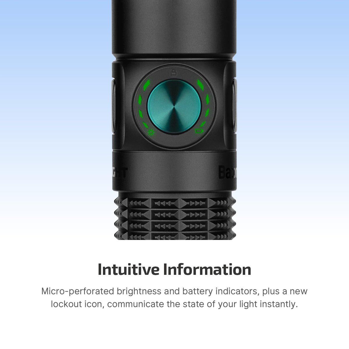 OLIGHT Baton4 Pro side-button indicators show brightness and battery at a glance.