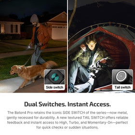 OLIGHT Baton4 Pro side switch facilitates easy brightness changes on the go.