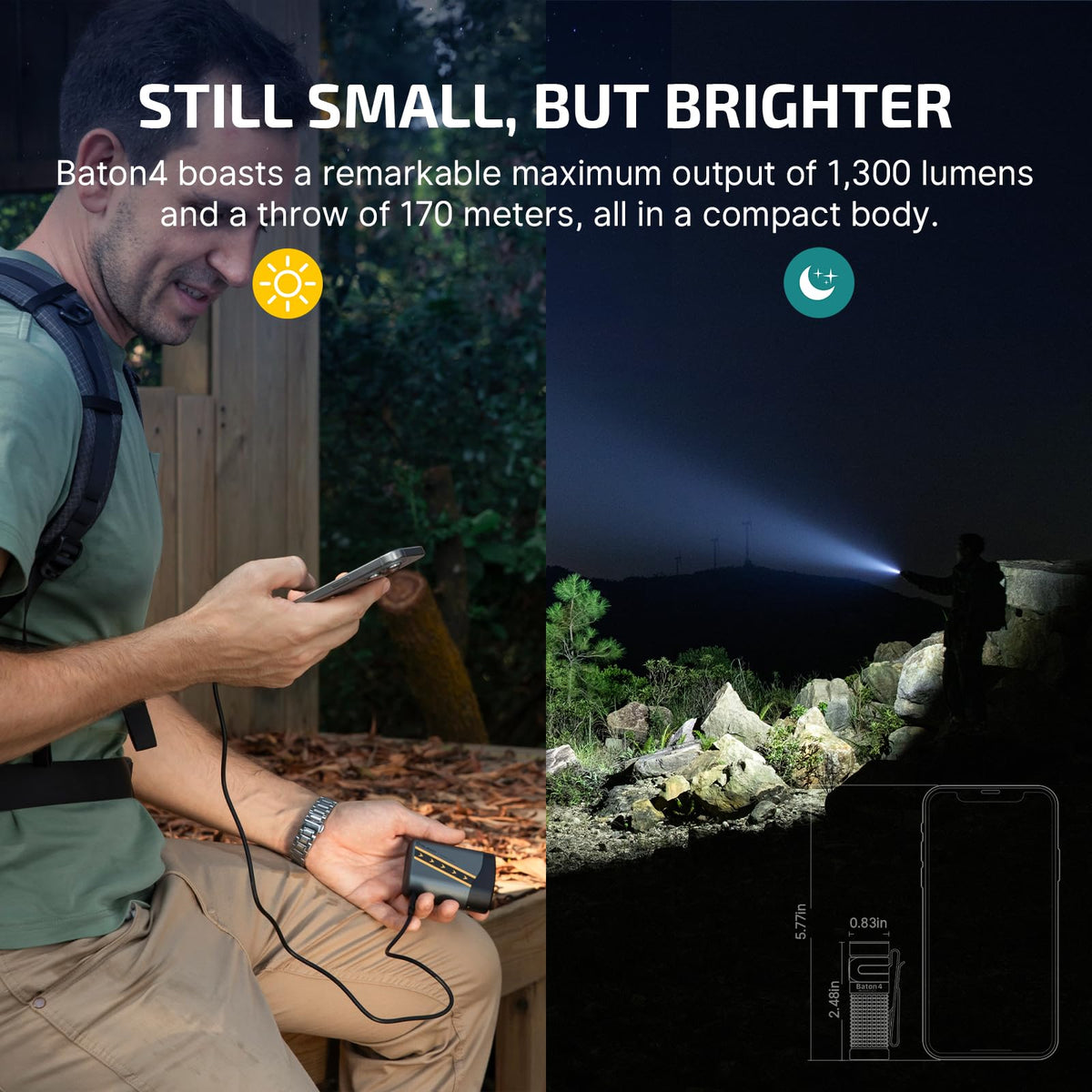 OLIGHT Baton4 delivers 1300 lumens with extended throw for outdoor use.