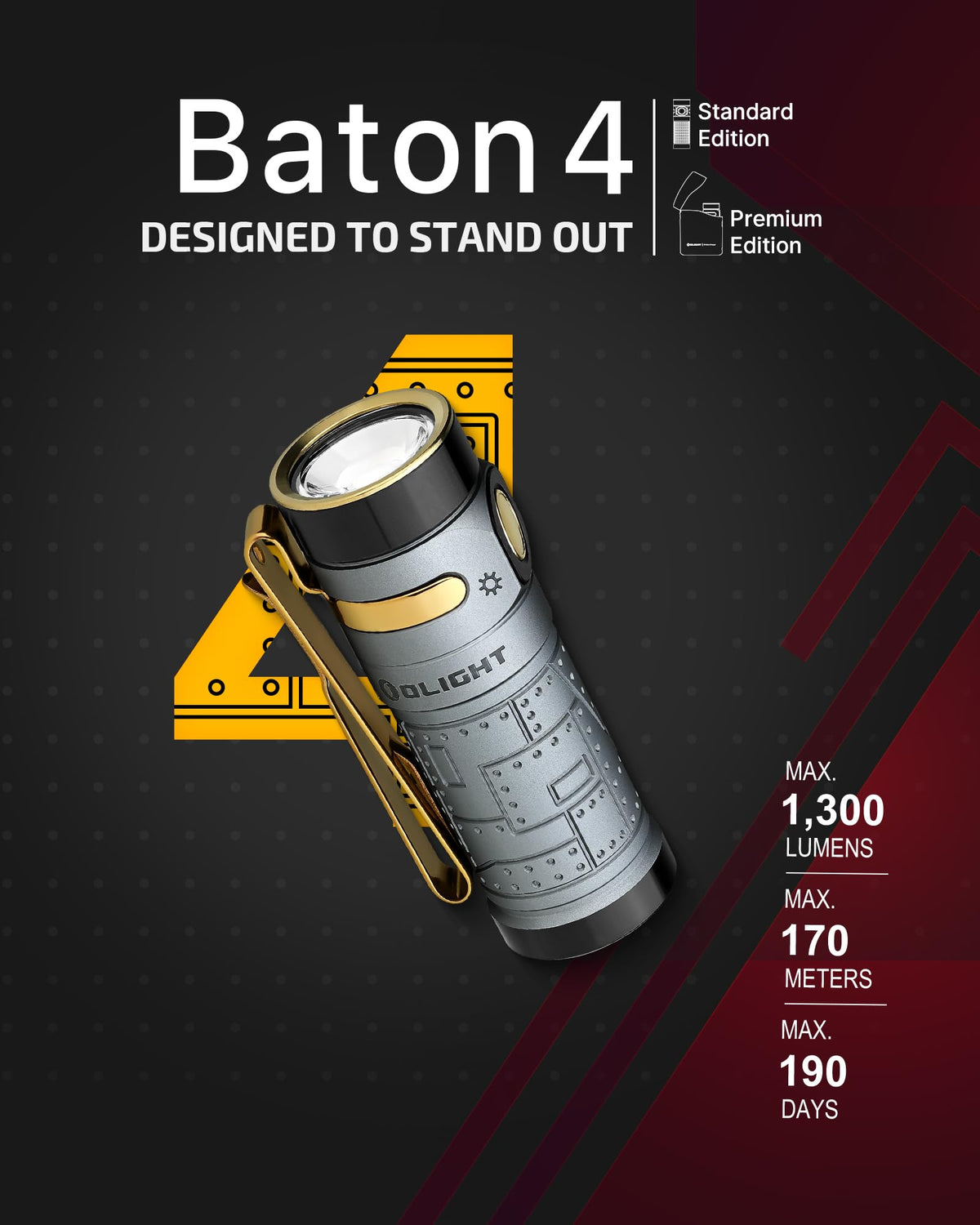 OLIGHT Baton4 side-switch design enables quick brightness changes on the go.