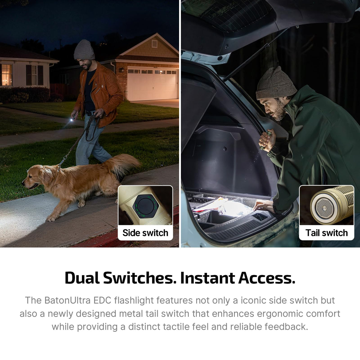 OLIGHT BatonUltra dual indicators help monitor brightness and battery at a glance