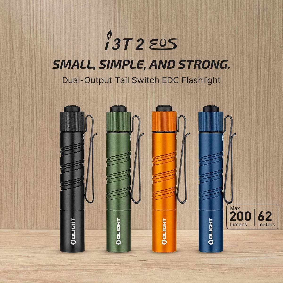 OLIGHT I3T 2 EOS beam-shot highlights 62-meter reach for outdoors.