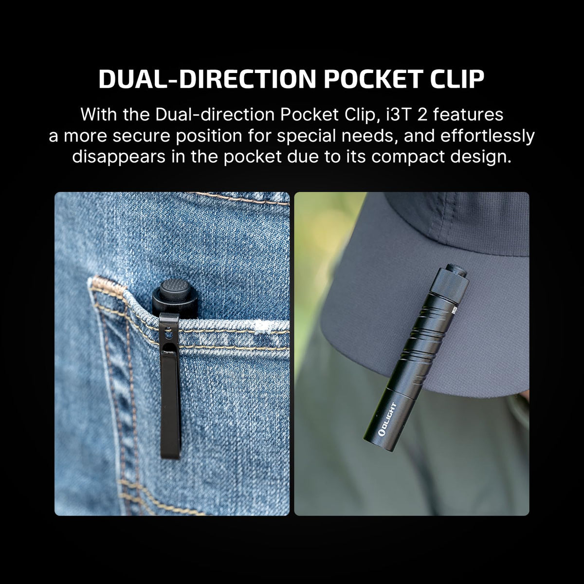 OLIGHT I3T 2 EOS two-way pocket clip detail.