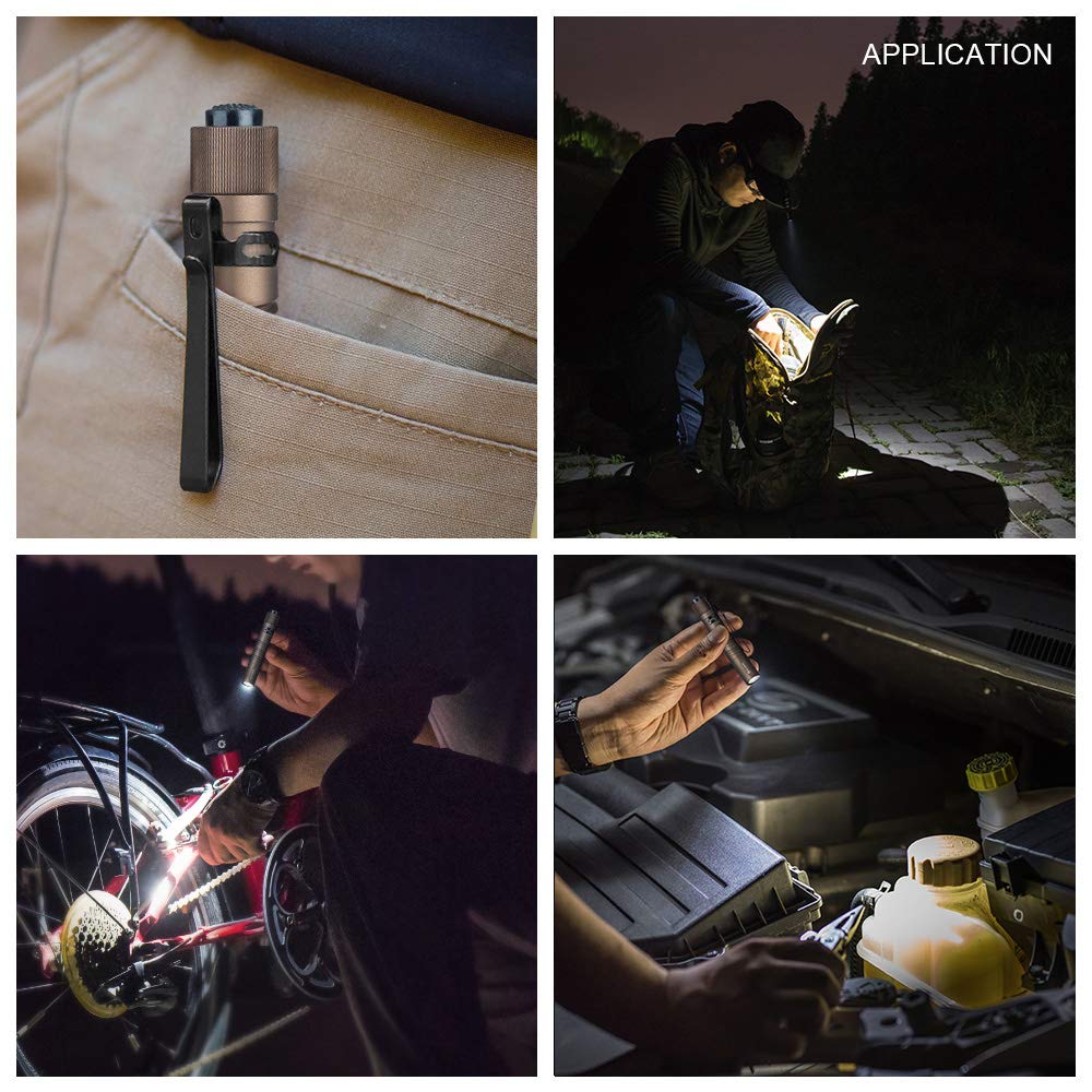 OLIGHT I3T EOS Desert Tan packaging contents: flashlight and AAA battery