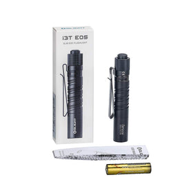 OLIGHT I3T EOS packaging includes flashlight, AAA battery, and manual.