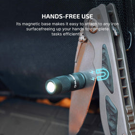 OLIGHT IMINI 2 magnetic base for hands-free use on metal surfaces.