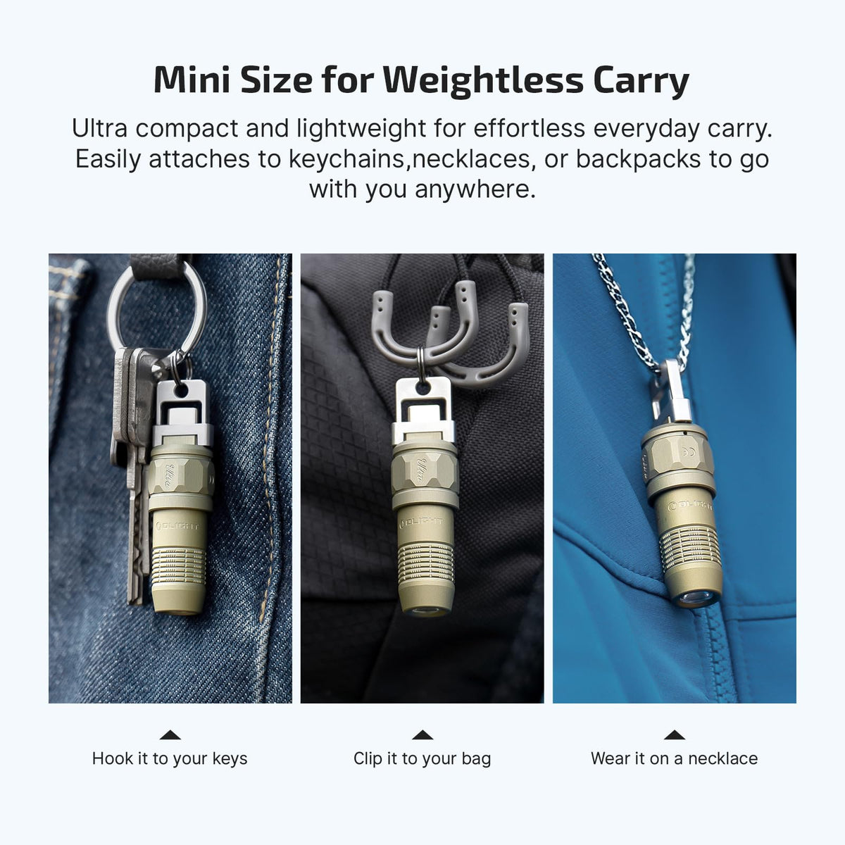 OLIGHT iUltra flip-hook design allows charging while attached to a keychain