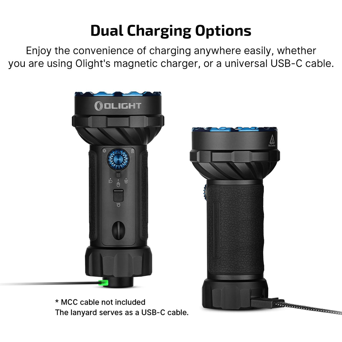 OLIGHT Marauder Mini 2 dual charging options with USB-C compatibility.