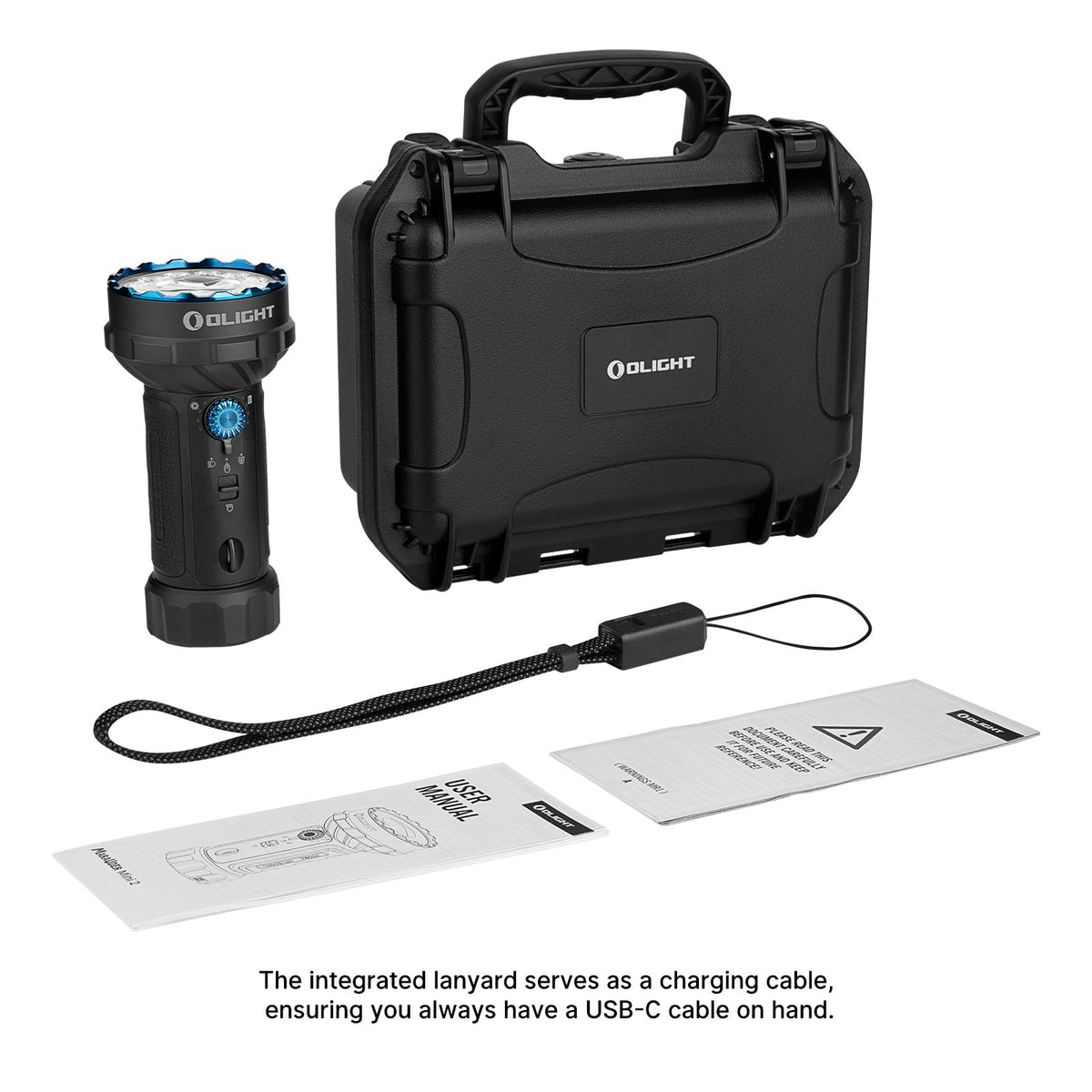 OLIGHT Marauder Mini 2 lanyard doubles as USB-C charging cable.