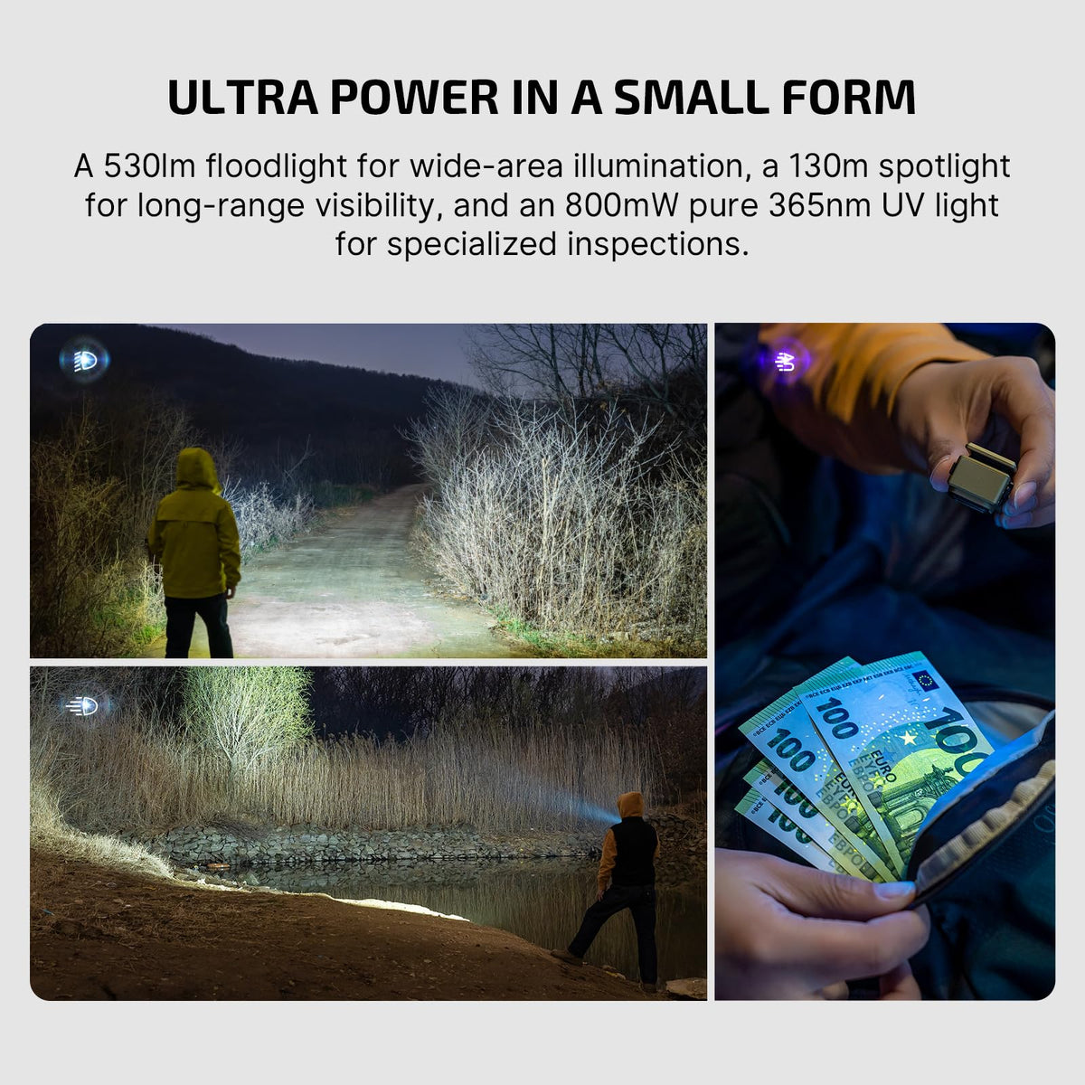 OLIGHT Oclip Ultra UV 365nm beam ready for material checks and cleanliness tests.
