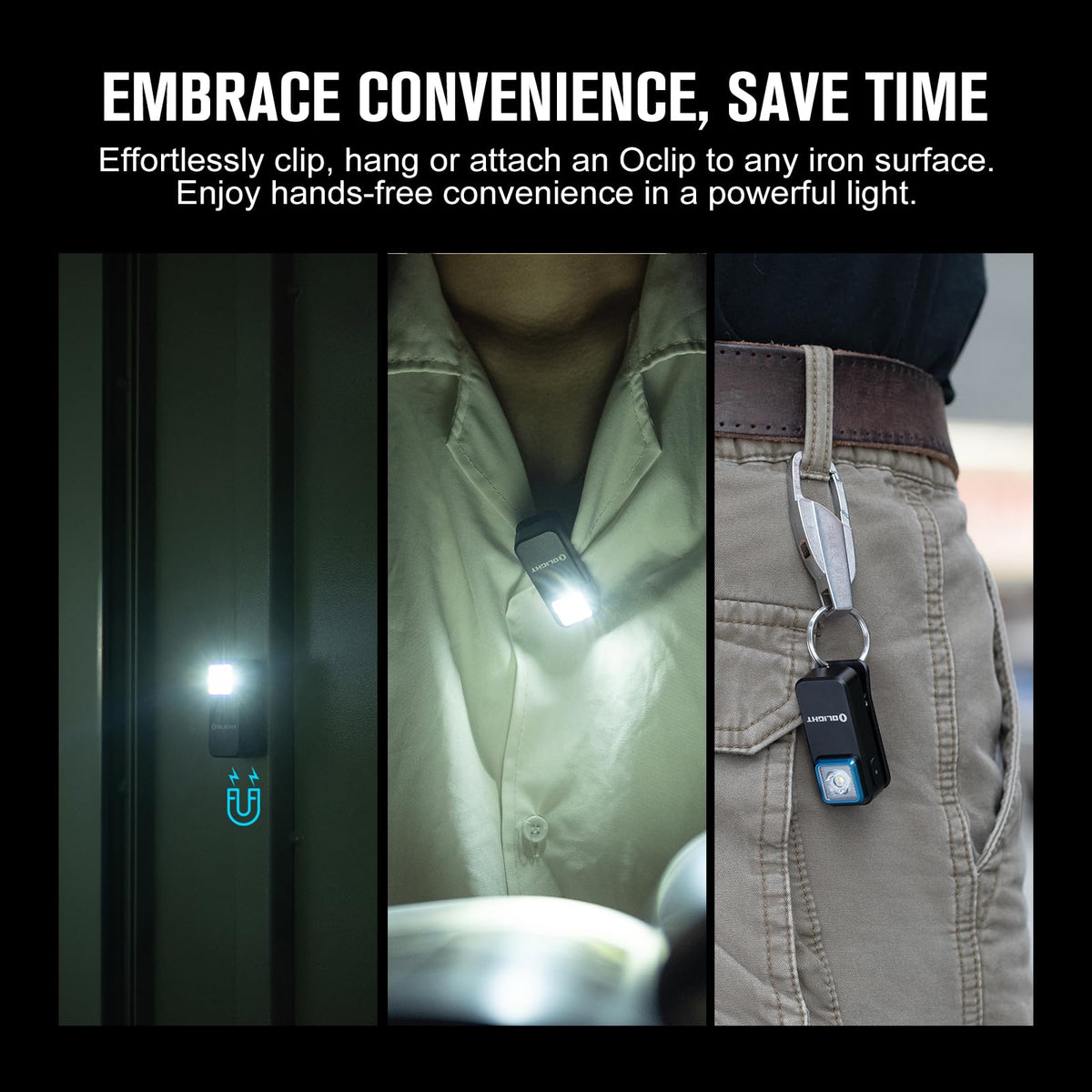 OLIGHT Oclip USB-C charging shown for convenient power from laptop or power bank.