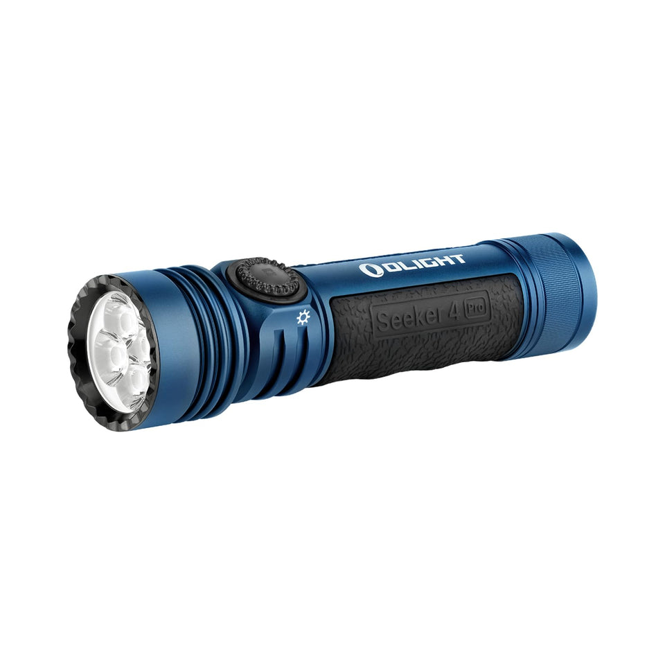 OLIGHT Seeker 4 Pro front view showing compact handheld design for easy carry