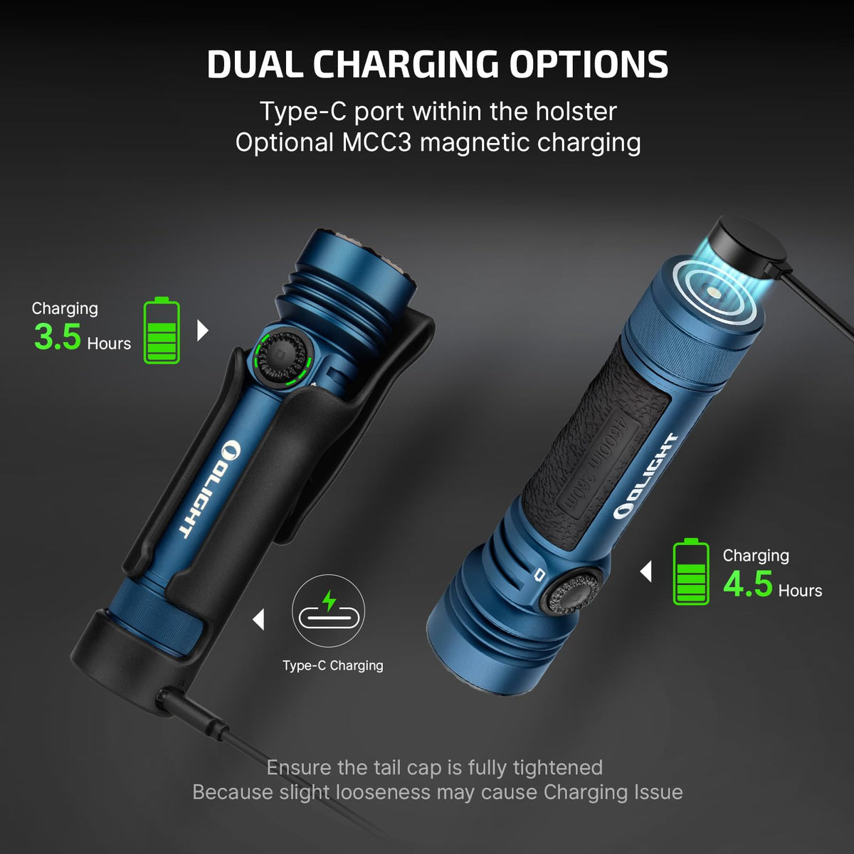 OLIGHT Seeker 4 Pro USB-C charging option with holster shown