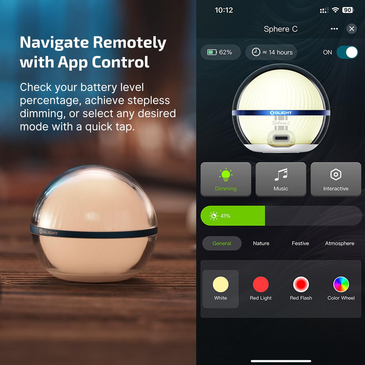 OLIGHT Sphere C app control screen showing brightness and timers