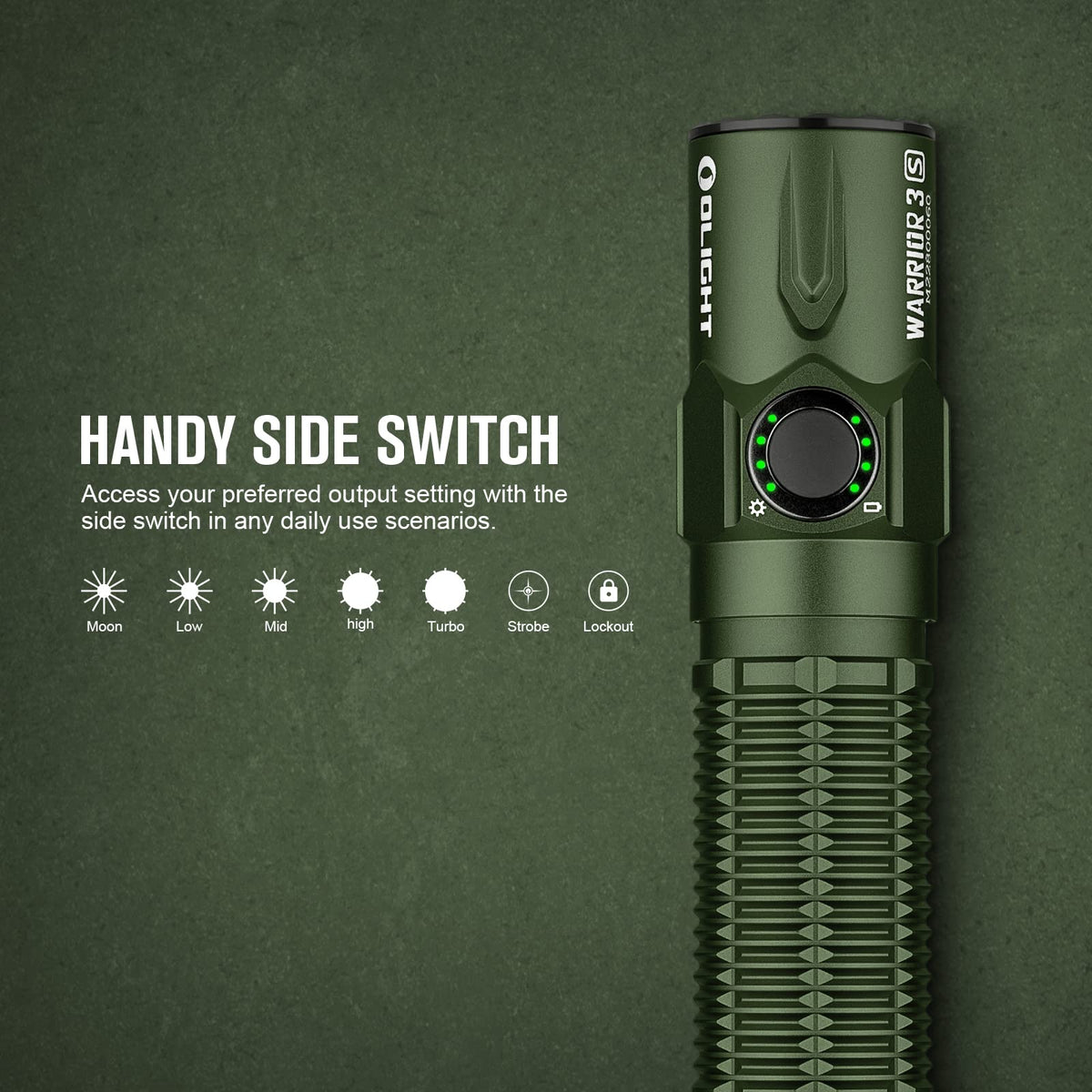 OLIGHT Warrior 3S proximity sensor protects nearby objects during high modes.