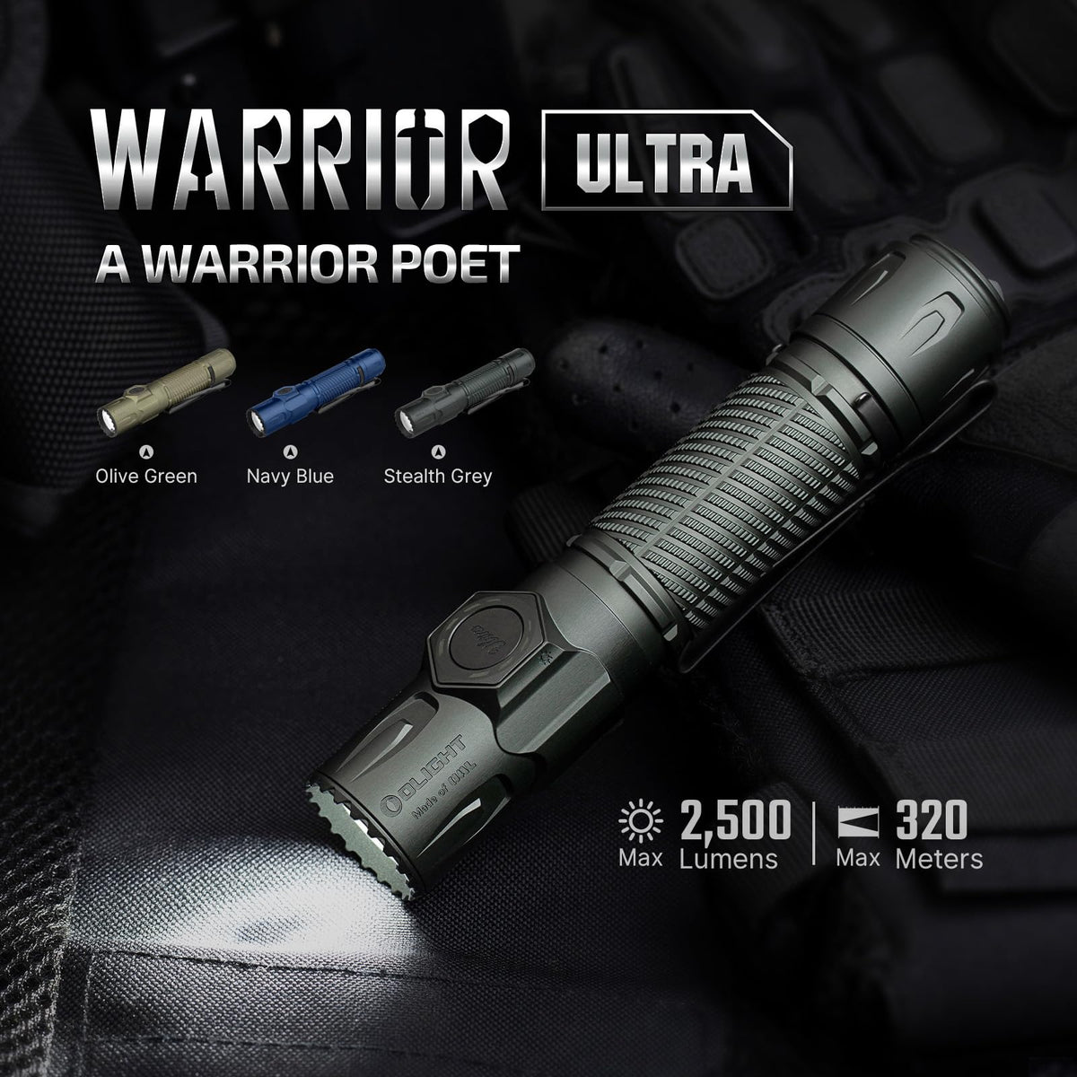 OLIGHT Warrior Ultra 2500lm side switch view shows easy mode selection on the side