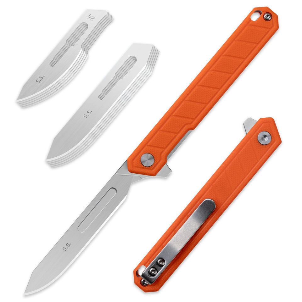 OLITANS G046 Mecha Mini folding scalpel opened for one-handed use in tight spaces.